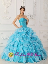 Customer Made Peach Springs  Beading and Ruched Bodice For Classical Sky Blue Sweetheart Quinceanera Dress With Ruffles Layered IN  Belen Nicaragua  Style QDZY240FOR