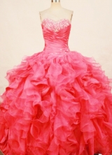 Fasshionable ball gown sweetheart-neck floor-length organza beading coral red quinceaenra dresses FA-X-182
