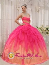 Hot Pink and Gold Riffles Sweet 16 Quinceanera Dress With Ruch Bodice Organza and Beaded Decorate Bust  IN  Maniwatla Nicaragua  Style QDZY370FOR