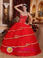 Stylish Red Ruffles Layered Sweetheart  With Beading Decorate Ball Gown Quinceanera Dress in   El Viejo Nicaragua  Style QDZY155FOR 