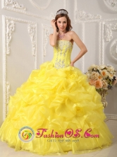 Yellow Beaded Appliques Decorate Bodice Hand Made Flower Pick-ups Ball Gown For Sweet 16 in   Diriamba Nicaragua  Style QDZY054FOR