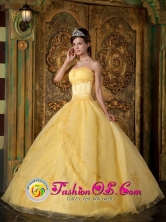 2013 Antigua Guatemala Guatemala Appliques Decorate Yellow 2013 Quinceanera Dress In New York Strapless Organza Ball Gown Style QDZY088FOR