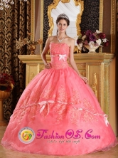 2013 Ayutla Guatemala Appliques and Bowknots For The Super Hot Watermelon Strapless Quinceanera Dress Style QDZY099FOR