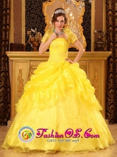 2013 Carapicuiba Brazil Yellow Quinceanera Dress With Floor-length Pick-ups Ball Gown For Strapless and Appliques Style QDZY016FOR