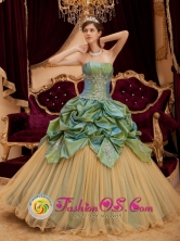 2013 Colomba Guatemala Remarkable Olive Green Pick-ups Beading Strapless Quinceanera Dress With Taffeta and Tulle for Quinceanera Style QDZY223FOR 