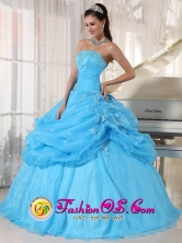 2013 Florianopolis Brazil 2013 Fall Baby Blue Strapless Organza Ball Gown Appliques Quinceanera Dress with Pick-ups Style PDZY687FOR 