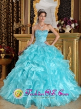 2013 San Pedro Sacatepquez Guatemala Aqua Blue Layered Organza Quinceanera Dress With Beaded Bodice and Ruffles Style QDZY108FOR