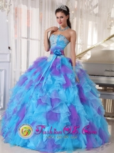 2013 Santa Maria Nebaj Guatemala Baby Blue sweetheart Quinceanera Dress Purple Appliques Ruffles and Hand Made Flower Style PDZY471FOR