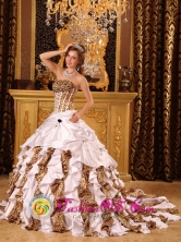 2013 Tiquisate Guatemala Quinceanera Dress with Taffeta and Leopard Ruffles Beaded Decorate Bust Droped Waist Ball Gown Brush Train Style QDZY010FOR