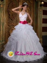 2013 Villa Nueva Guatemala A-line White Halter Beaded Decorate Bust and Contrasting Sash Quinceanera Dress With Pick-ups Organza Floor-length Style QDZY222FOR