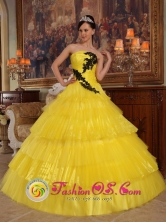 2013 Padre Las Casas Chile Summer Yellow Quinceanera Dress With Appliques Bodice Strapless Style QDZY277FOR