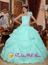 2013 Traiguen Chile Fashionable Baby Blue One Shoulder Sweet 16 Dress With Appliques and Pick-ups For Formal Evening Style QDZY640FOR