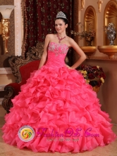 Cabildo Chile Watermelon Red Ruffles Beaded Appliques Ruching Quinceanera Dress For 2013 Style QDZY055FOR