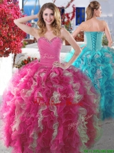 New Arrivals Beaded and Ruffled Quinceanera Gown in Hot Pink and Champagne YYPJ004FOR