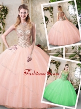 Quinceanera  Bateau Peach Quinceanera Dresses with Beading SJQDDT224002FOR