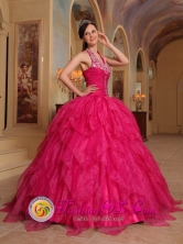 San Antonio Chile Romantic 2013 Quinceanera Embroidery Hot Pink Dress For Winter Halter Organza Ball Gown Style QDZY381FOR