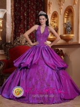 Talcahuano Chile Halter Top Remarkable Eggplant Purple Pick-ups Brand New Quinceanera Gowns With Taffeta Appliques for Prom Style QDZY633FOR 