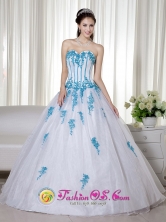 Albania Colombia White And Blue Sweetheart Floor-length Taffeta and Organza Appliques Decorate Romantic Quinceanera Dress for  Formal Evening Style ZY686FOR