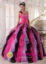 Black and Hot Pink One Shoulder With puffy Ruffles For 2013 Toribio Colombia Quinceanera Dress ball gown Style PDZY502FOR