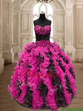 Modest Hot Pink and Black Quinceanera Dress with Beading and Ruffles SWQD159-2FOR