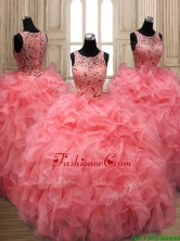 Perfect Scoop Beaded and Ruffled Quinceanera Dress in Watermelon Red SWQD138FOR