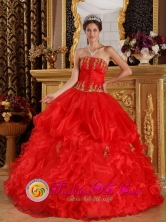 San Estanislao Colombia  Wholesale Ruffles Appliques Corset Decorate Red Organza Wholesale Quinceanera Gowns Strapless For Sweet 16 Style QDZY077FOR