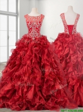 See Through Beaded Scoop Wine Red Quinceanera Dress with Brush Train SWQD107-1FOR