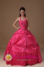 Achutupo Panama Customized Hot Pink Halter Quinceanera Dress Beading and Pick-ups Style HXQD82206FOR