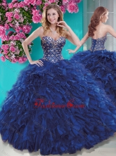 Discount Brush Train Blue Quinceanera Dress with Beading and Ruffles SJQDDT661002FOR