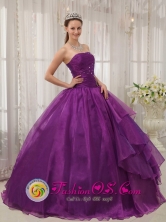 Panama City  Panama Customize Beaded Decorate Bust and Ruch Organza Quinceanera Dresses Eggplant Purple Strapless Style QDZY365FOR 