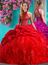 Affordable Halter Top Brush Train Quinceanera Dress with Beading and Ruffles SJQDDT621002FOR