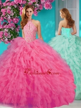Affordable Halter Top Tulle Rose Pink Quinceanera Dress with Beading and Ruffles SJQDDT634002FOR