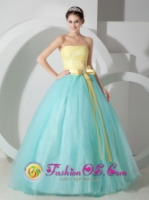 Ayacucho Peru Fabulous Baby Blue and Yellow  Evening Dress Sash and Ruched Bodice Decorate Style MLXNHY05FOR