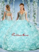 Gorgeous Cap Sleeves Beaded Light Blue Quinceanera Dress with Deep V NeckSJQDDT583002FOR