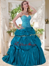 Lovely A Line Brush Train Taffeta Quinceanera Gown with Beading and Bubbles SJQDDT733002FOR