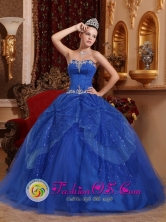 Moquegua Peru Customize Appliques and Beading Blue For Affordable Quinceanera Dress Sweetheart Tulle Style QDZY364FOR