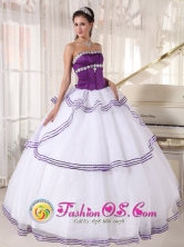 Talara Peru Custom Made strapless White and Purple Organza Quinceanera Dress With Appliques and Layers Style PDZY442FOR