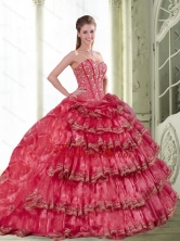 2015 Classical Coral Red Dress for Quinceanera with Pick Ups and Ruffled Layers QDDTA15002FOR