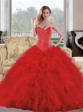 2015 Exquisite Sweetheart Red Quinceanera Dresses with Appliques and Ruffles QDDTC45002FOR