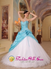 Customize Sexy Sweetheart Princess Aqua Blue and White Quinceanera Dress For Sweet 16 IN San Carlos Uruguay Style QDZY456FOR