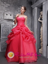 Organza Beading and Ruch Decorate Pick-ups Coral Red Quinceanera Dress With Sweetheart  in Montevideo Uruguay Style QDML061FOR 