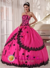 Perfect Hot Pink Wholesale Quinceanera Dress Organza and Taffeta Appliques Decorate Bodice For 2013 Strapless Ball Gown inMontevideo Uruguay Style PDZY498FOR