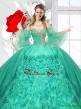 Popular Beaded Turquoise Quinceanera Gowns with Ruffles SJQDDT123002FOR