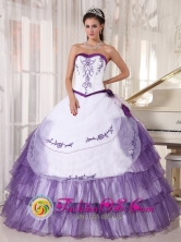 2013 Tijuana Mexico White and Purple Wholesale Quinceanera Dress Sweetheart Satin and Organza Embroidery floral decorate Style PDZY416FOR 