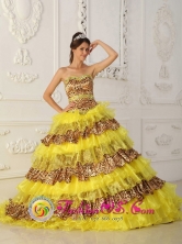 2013 fall Cuernavaca Mexico Wholesale Leopard and Organza Ruffles Yellow Quinceanera Dress With Sweetheart Neckline Style QDZY007FOR 