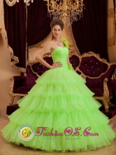 Apodaca Mexico Wholesale Stuuning Spring Green One Shoulder Ruffles Layered Quinceanera Cake Dress Style QDZY117FOR 