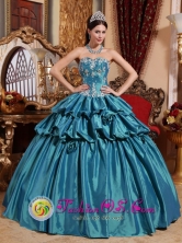 Guadalupe Mexico Wholesale Sweetheart Pick-ups and Appliques Turquoise Luxurious Quinceanera Dresses for Sweet 16 Style QDZY673FOR 