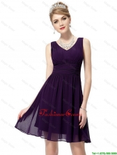 Beautiful V Neck Dark Purple Prom Dresses with Ruching DBEE334FOR
