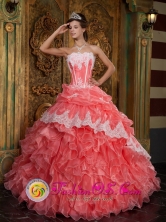 Llano Largo Panama Waltermelon 2013 New Style Arrival Strapless Ruffles Quinceanera Dress with Appliques Decorate In Formal Evening Style QDZY018FOR 