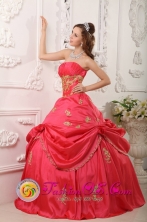  New Arrival Princess Red Strapless Pick-ups Beading and Appliques Decorate For 2013 Quinceanera Dress In Heredia CostaRica Style QDZY025FOR